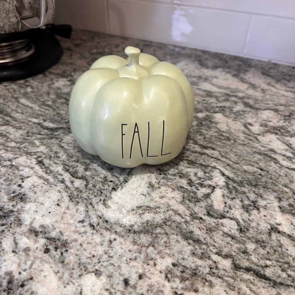 Decorative Light Green Pumpkin with 'FALL' Inscription